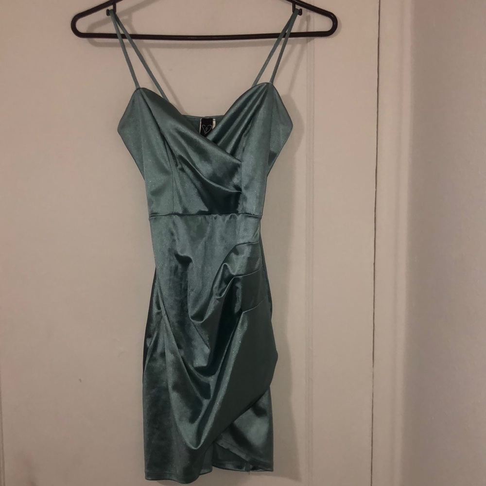 Windsor Blue Teal Turquoise Silk Satin Sheer Shinny Midi Short Dress